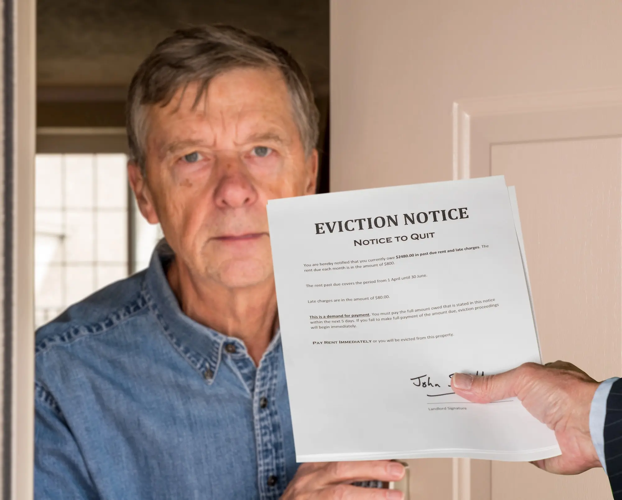 Man stands at his front door looking concerned as he receives an official eviction notice
