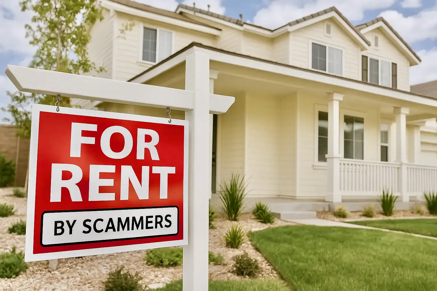 Red "For Rent by Scammers" sign in front of a suburban house, warning about fraudulent rental listings