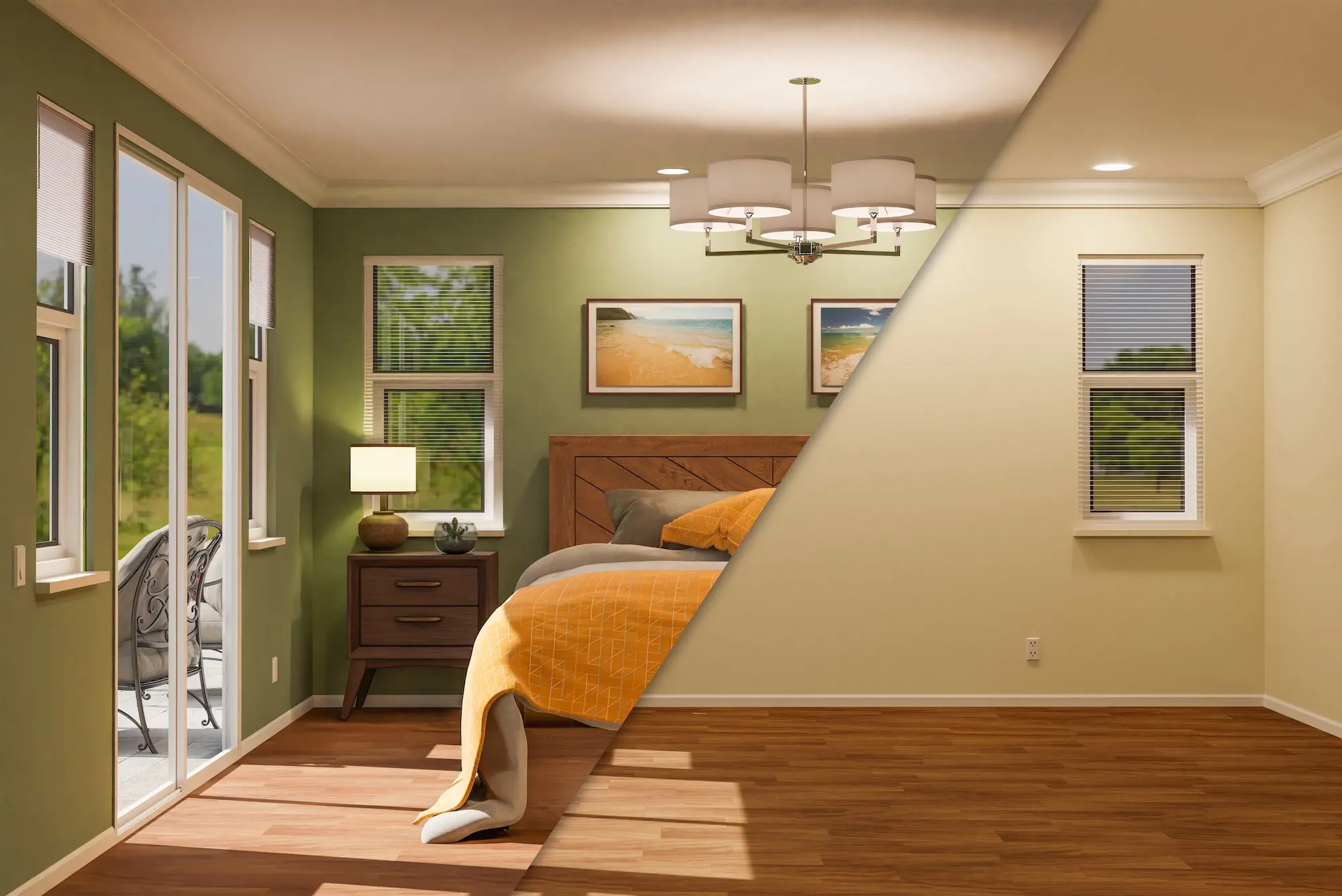 Split-screen of the same bedroom shown furnished on one side and unfurnished on the other
