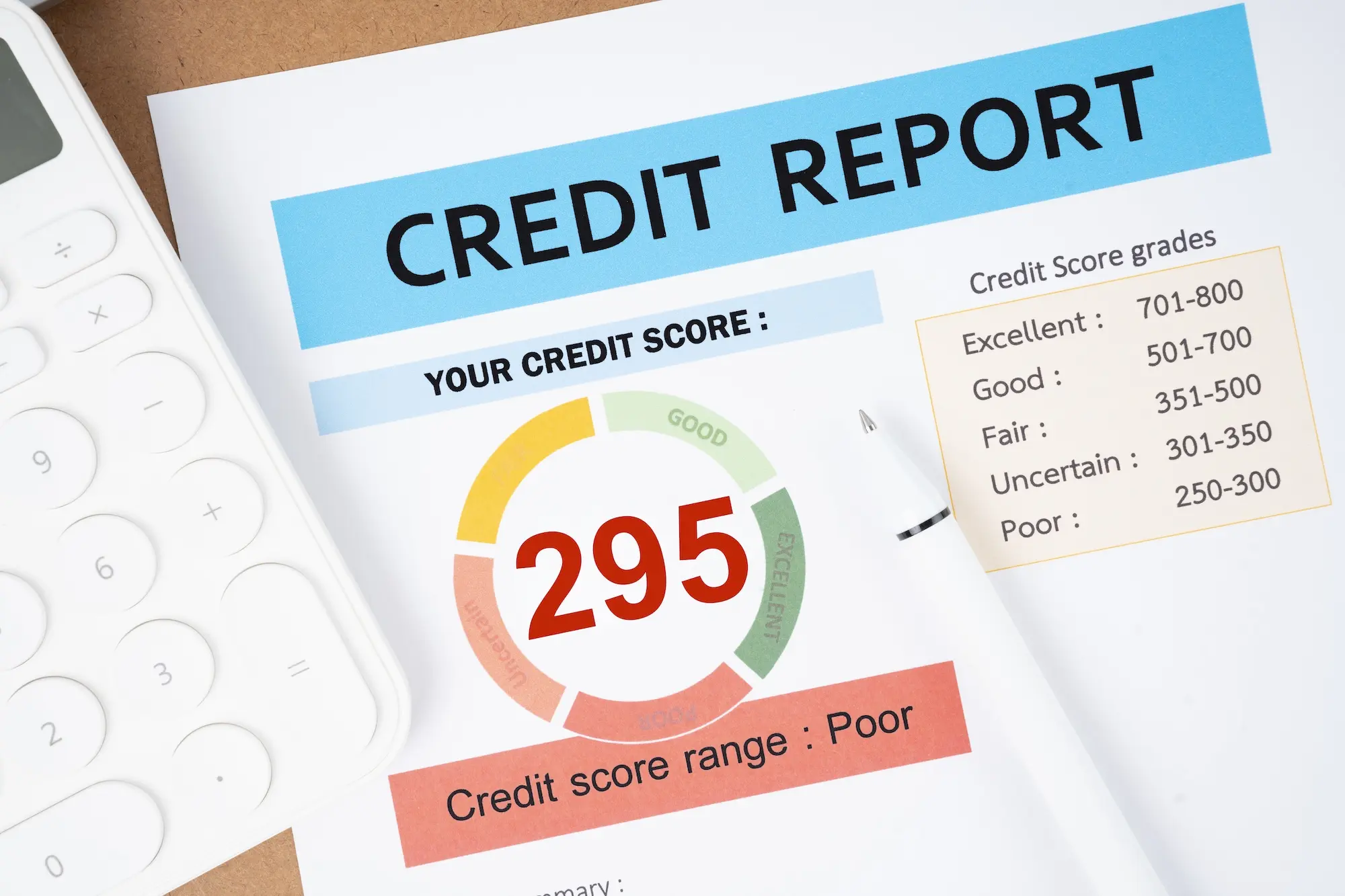 Credit report showing a poor credit score of 295, classified as 'Poor' on the credit score range