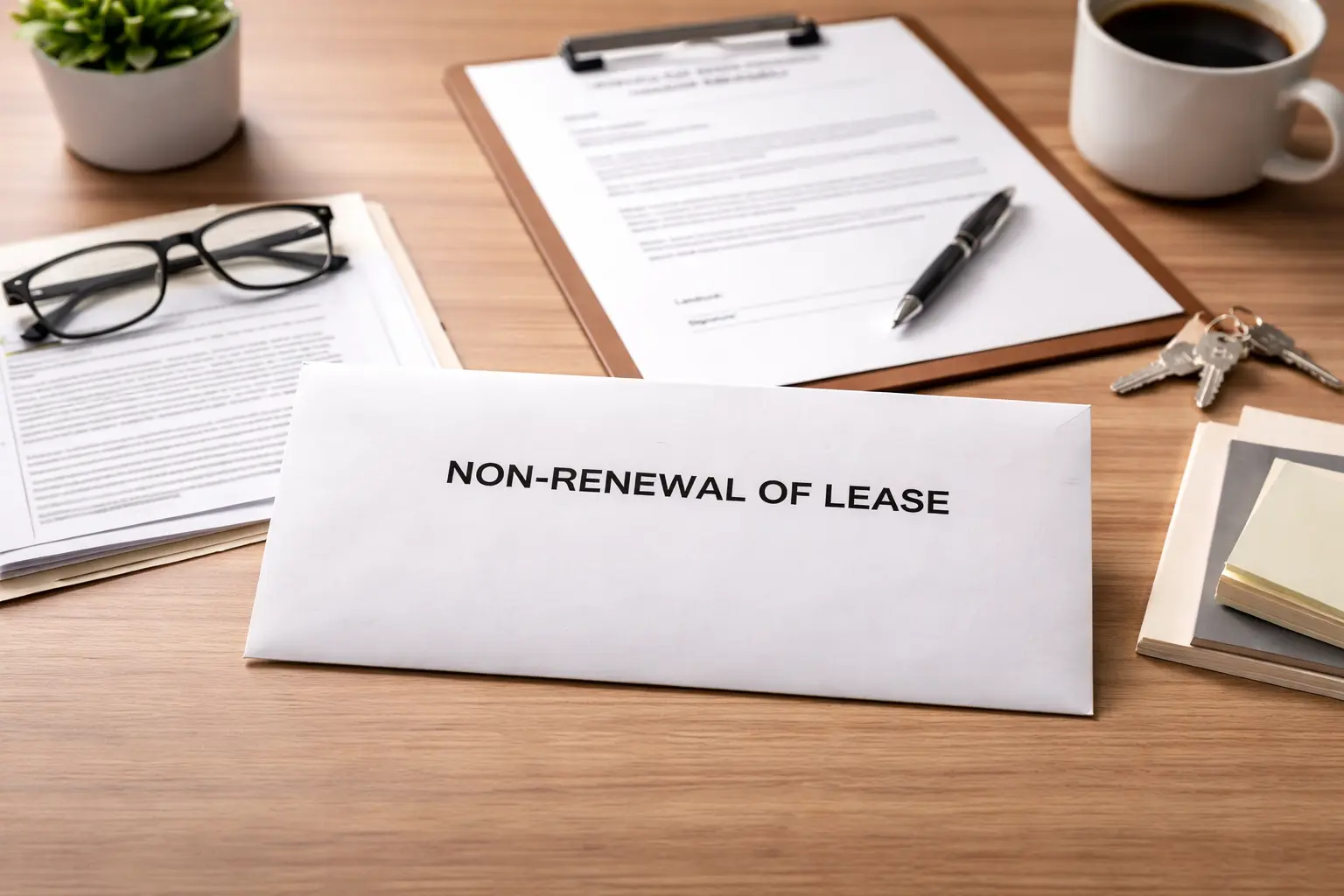 Envelope labeled non-renewal of lease on a desk with rental paperwork