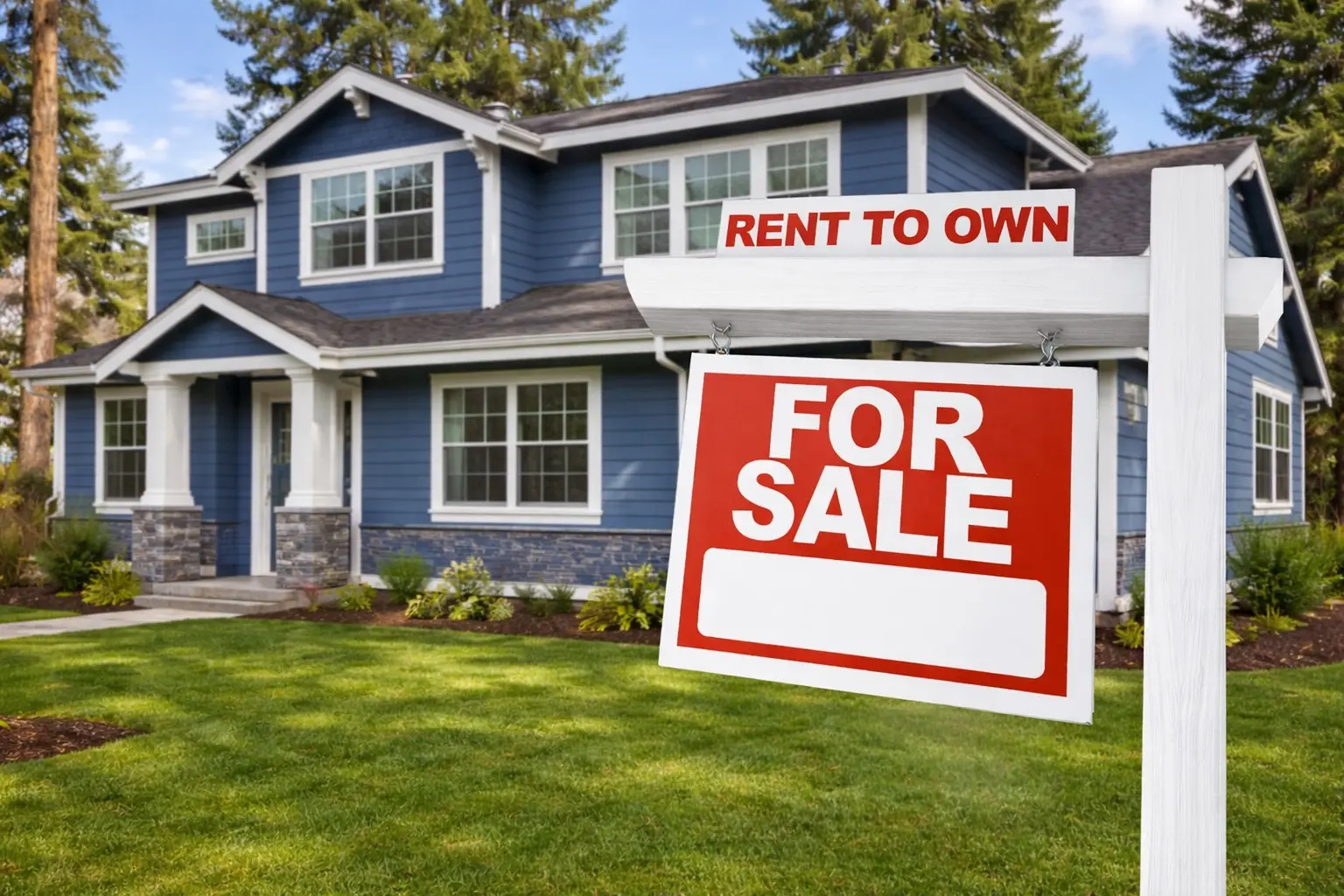 Rent-to-own home with a for sale sign in front of a single-family house