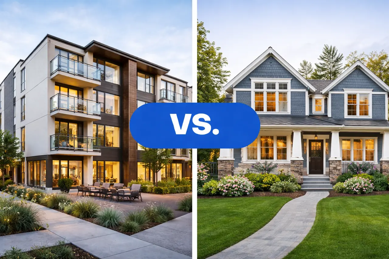 Modern apartment building compared with a single-family house illustrating renting versus buying a home
