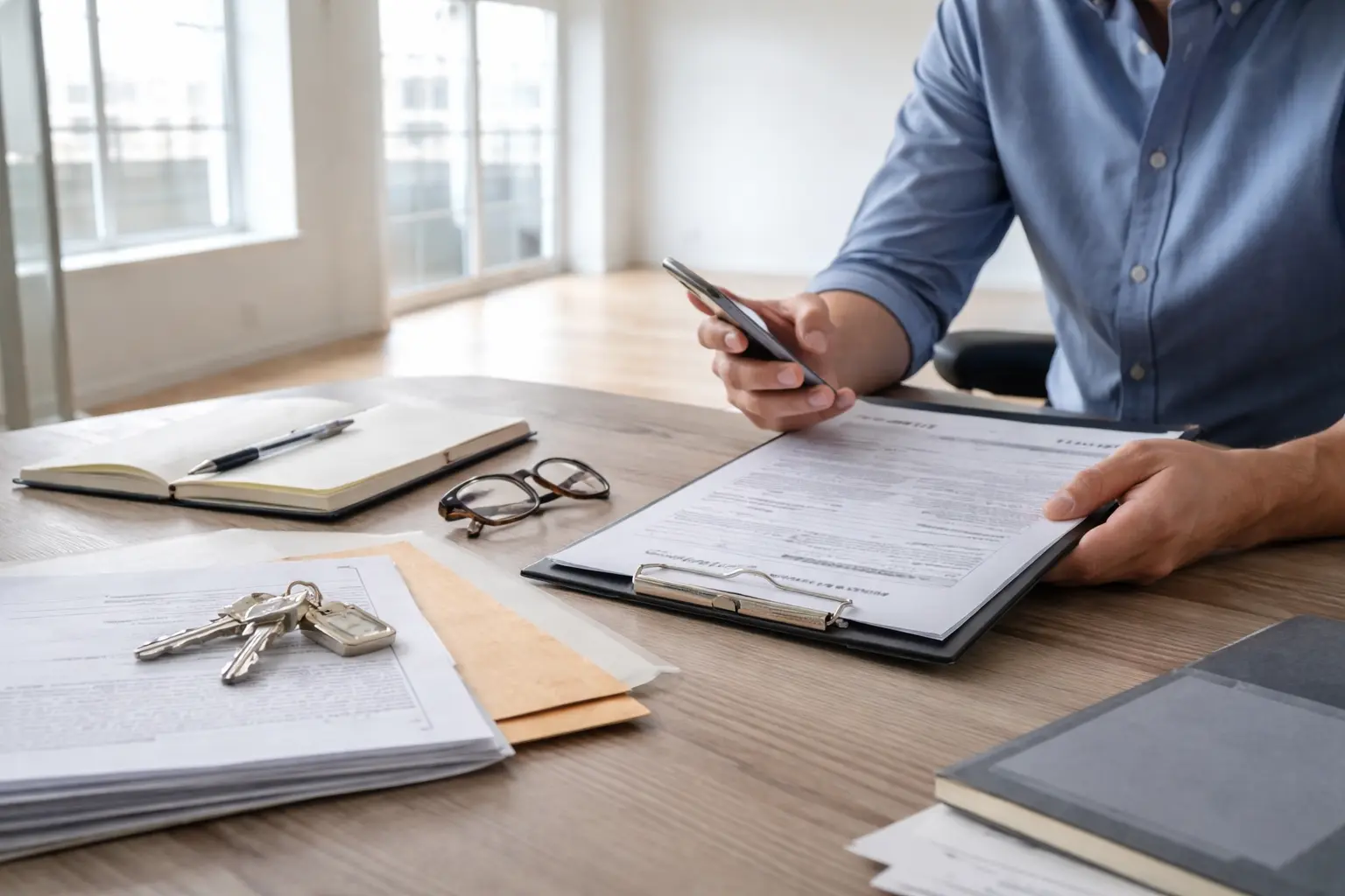 Landlord reviewing lease documents and phone records in an empty rental unit
