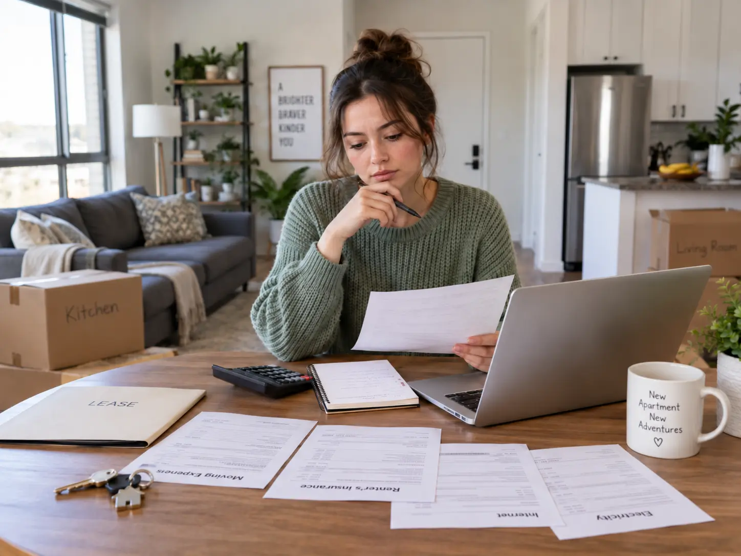 Young renter reviewing lease papers, bills, and moving expenses while budgeting for a first apartment.