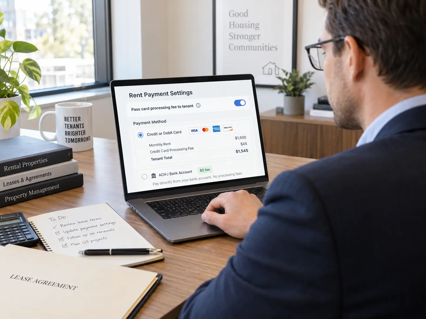Landlord reviewing rent payment settings showing a credit card processing fee and a fee-free ACH option