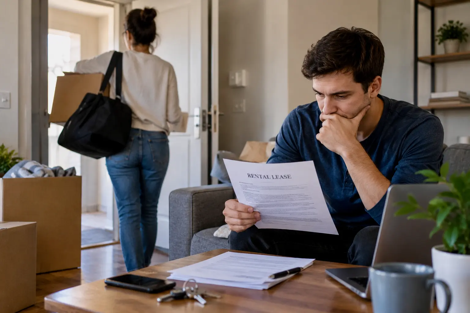 Renter reviewing a lease agreement while his roommate moves out of their shared apartment