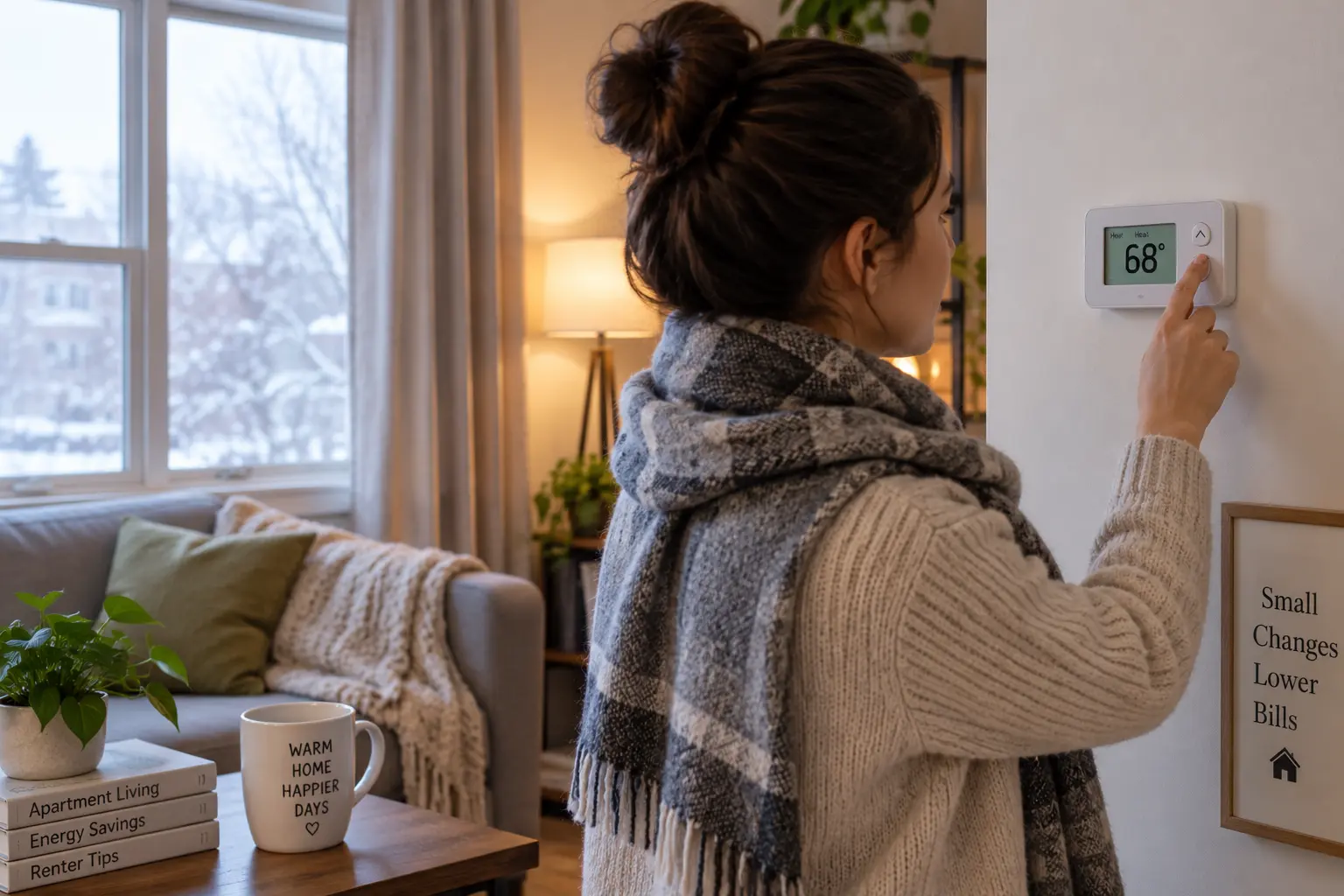 Woman adjusting the thermostat to 68 degrees in her apartment during winter to reduce heating costs